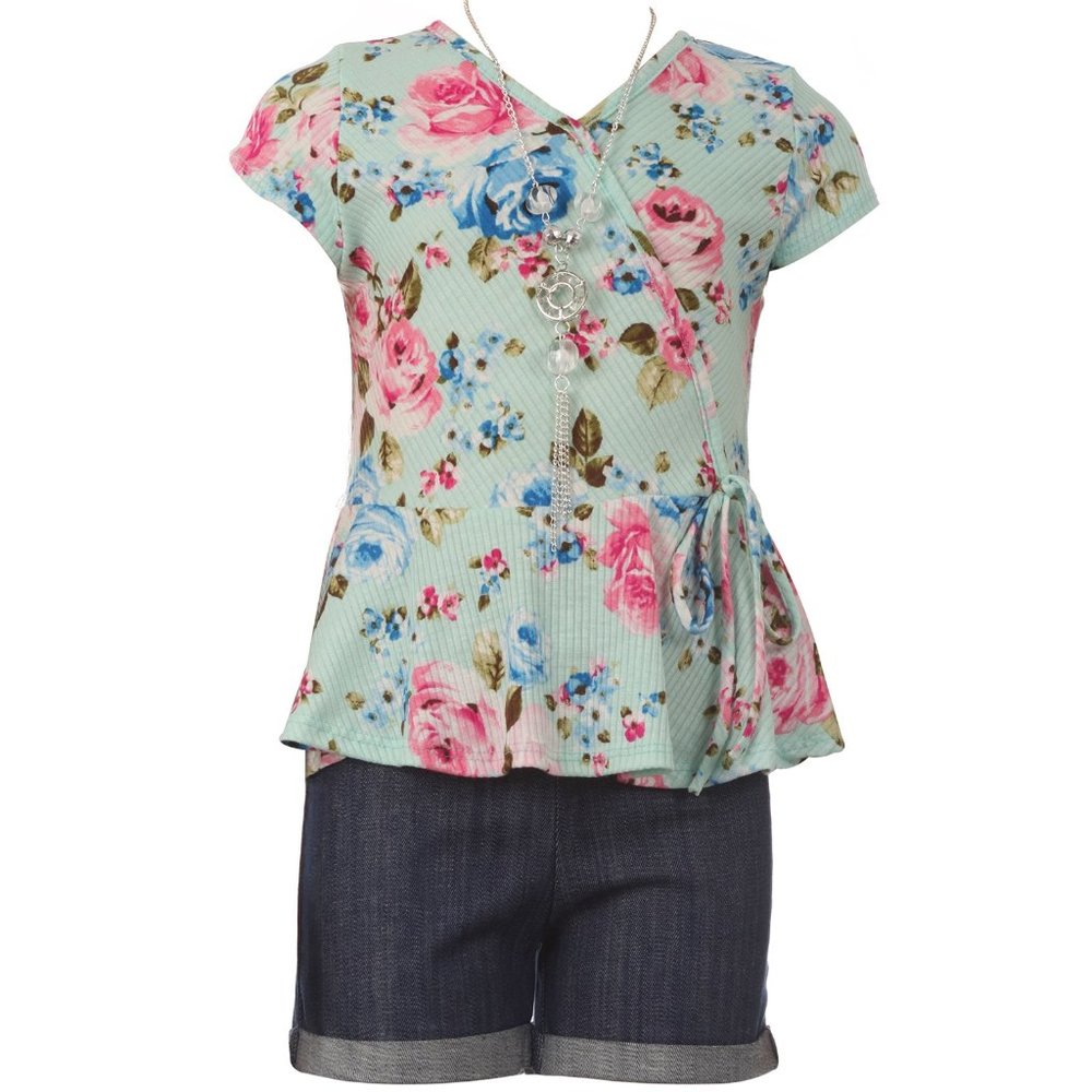 Little Toddler Girls 3 Pieces Girls Floral Flower Blouse Top Short Necklace Set